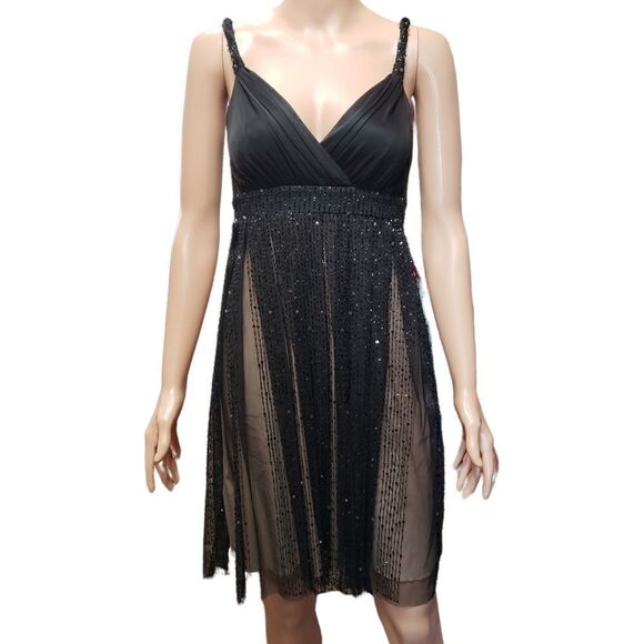 BCBGMaxazria Sequin Black Sheer & Nude Dress SIZE 0P - Picture 1 of 16
